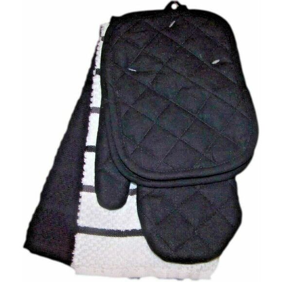 Black White Kitchen Towel Set of 5 Oven Mitt Potholders Solid Stripe Cotton NWT - Picture 3 of 3